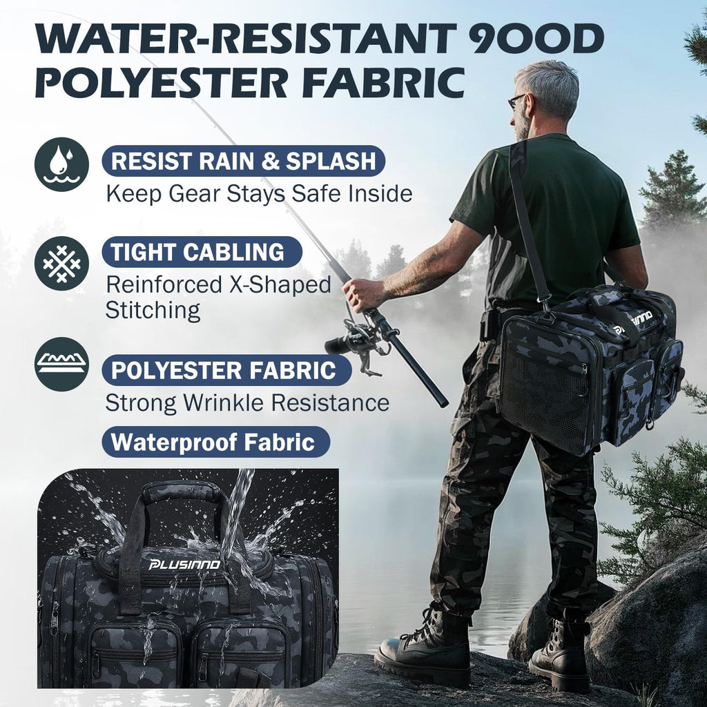 PLUSINNO Tackle Bag - Expandable Fishing Bag for Saltwater & Freshwater - Water Resistant Fishing Gear Shoulder Bag For Men, All-purpose Carrying Bags for Outdoors