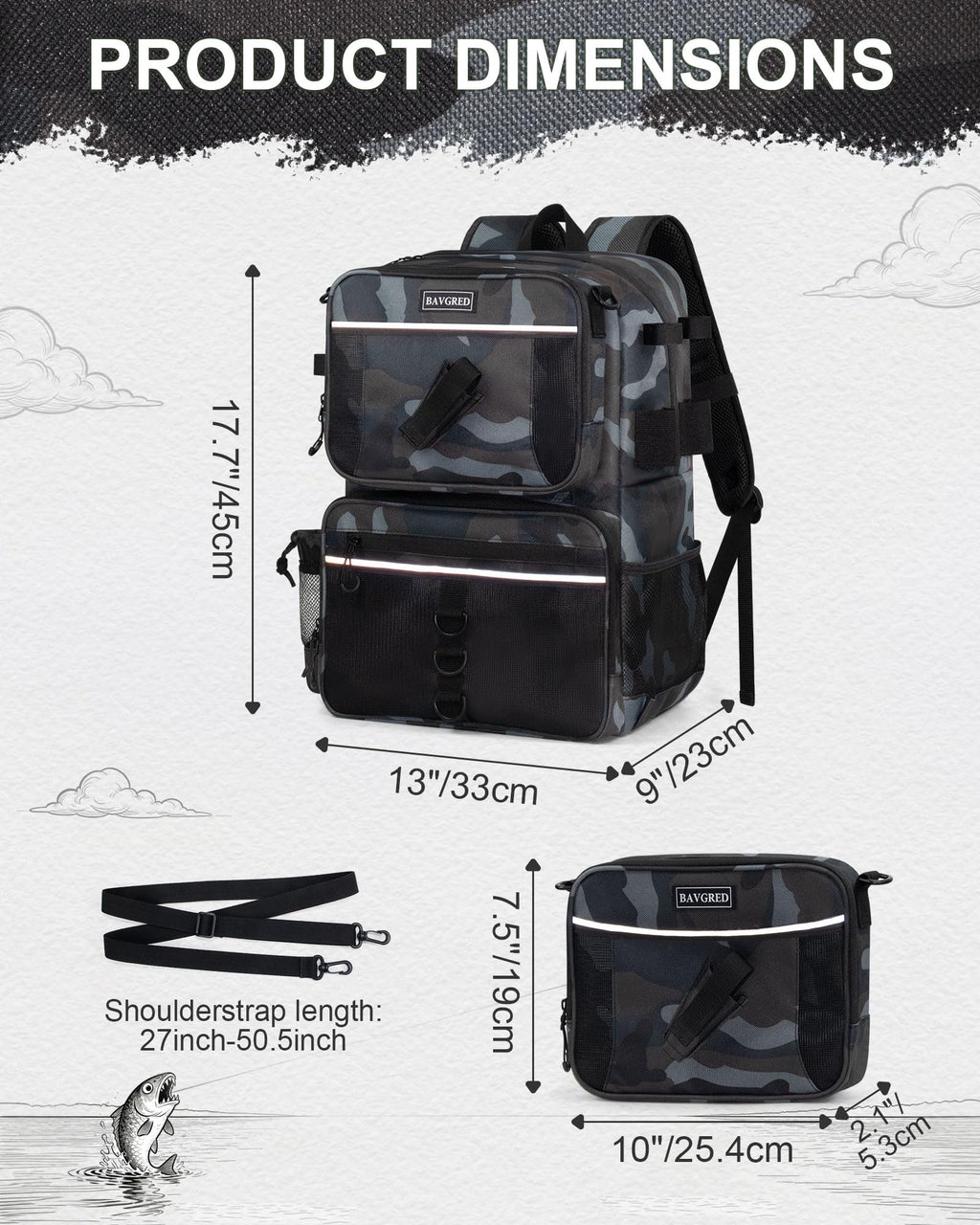BAVGRED Fishing Backpack with Removable Bait Binder, Large Water Resistant Tackle Bag Storage Gear and Equipment for Fishing, Camping, Hiking, Grey
