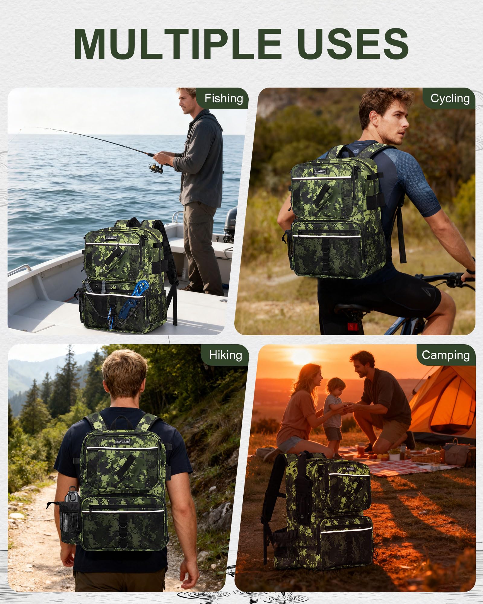 BAVGRED Fishing Backpack with Removable Bait Binder, Large Water Resistant Tackle Bag Storage Gear and Equipment for Fishing, Camping, Hiking, Grey