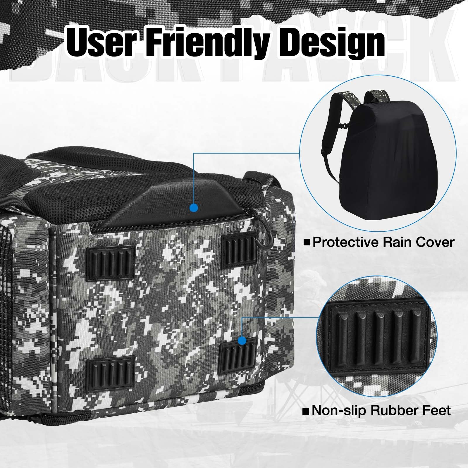 Piscifun Fishing Tackle Backpack with Rod Holders & 4 Tackle Boxes, 42L Outdoor Fishing Bag with Waterproof Rain Cover