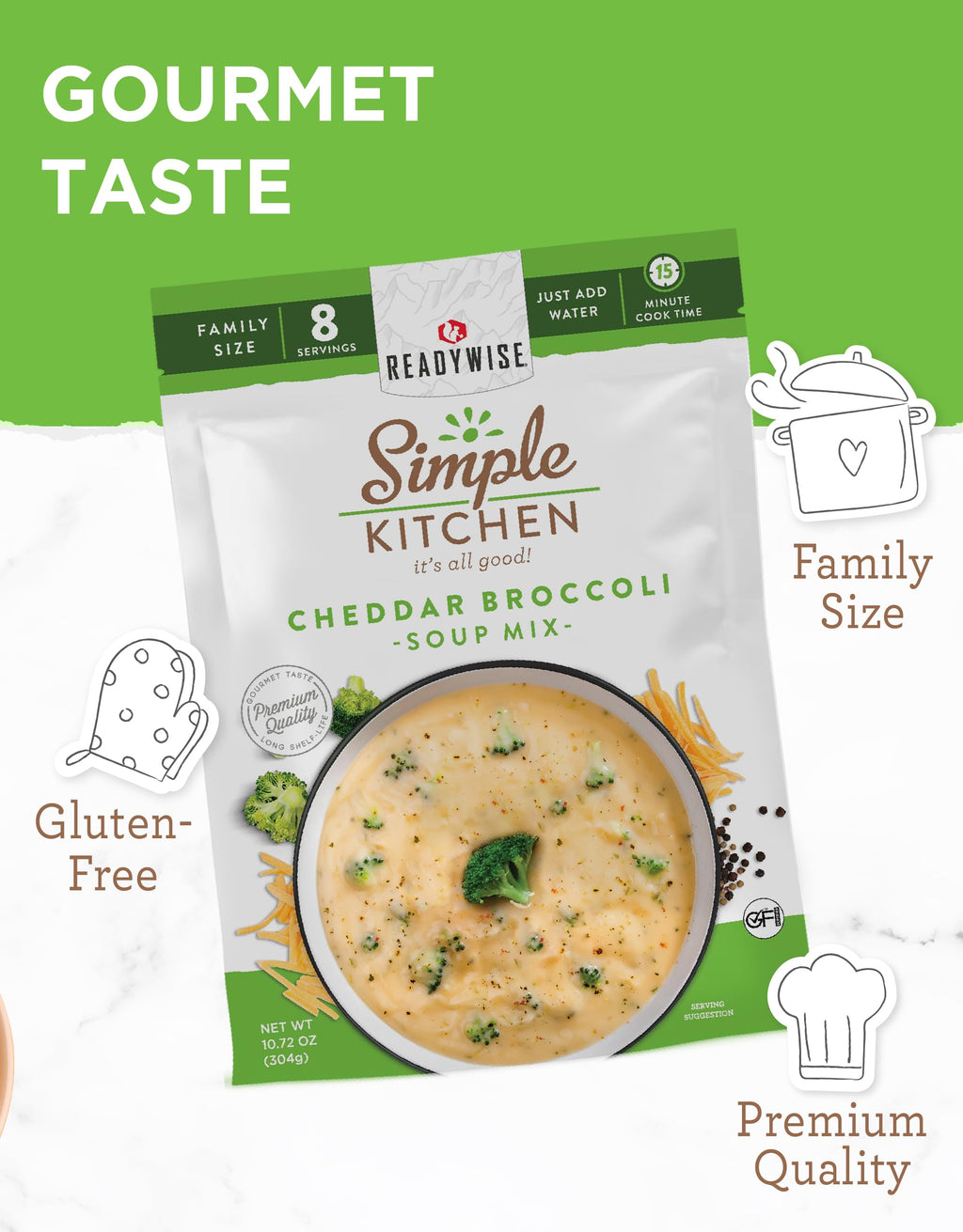 READYWISE - Simple Kitchen, Soup Sampler, Variety Pack, 8 Servings Per Pouch, Soup Mix, Family Size, Gluten Free Options, Freeze Dried Food, Soup for Family, Pack of 8