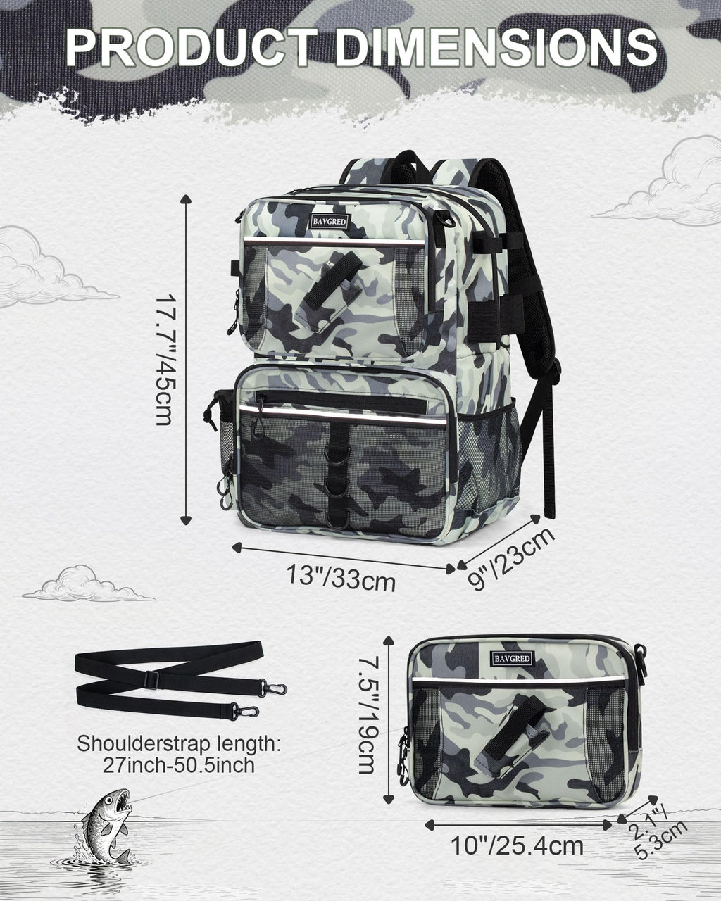 BAVGRED Fishing Backpack with Removable Bait Binder, Large Water Resistant Tackle Bag Storage Gear and Equipment for Fishing, Camping, Hiking, Grey