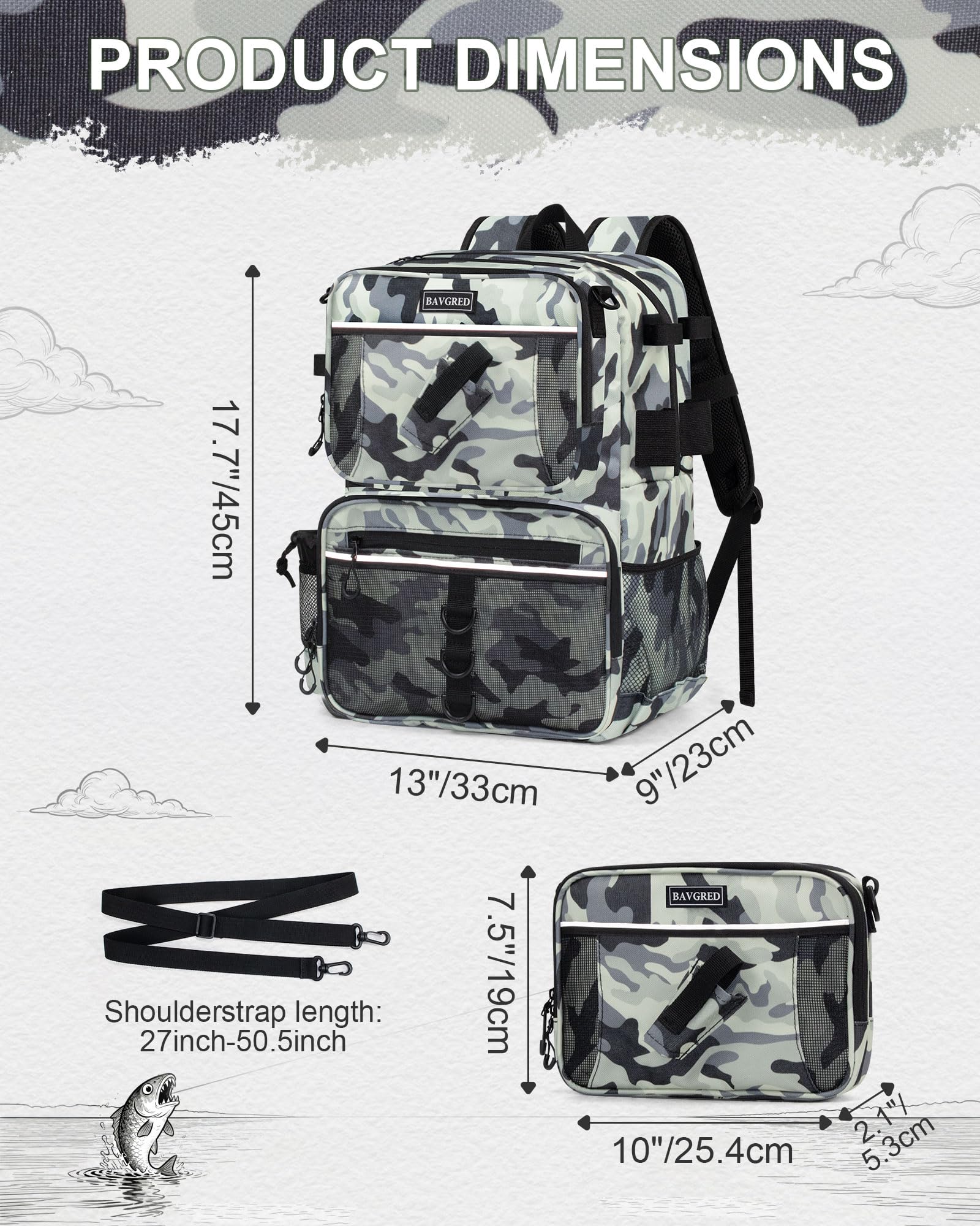 BAVGRED Fishing Backpack with Removable Bait Binder, Large Water Resistant Tackle Bag Storage Gear and Equipment for Fishing, Camping, Hiking, Grey