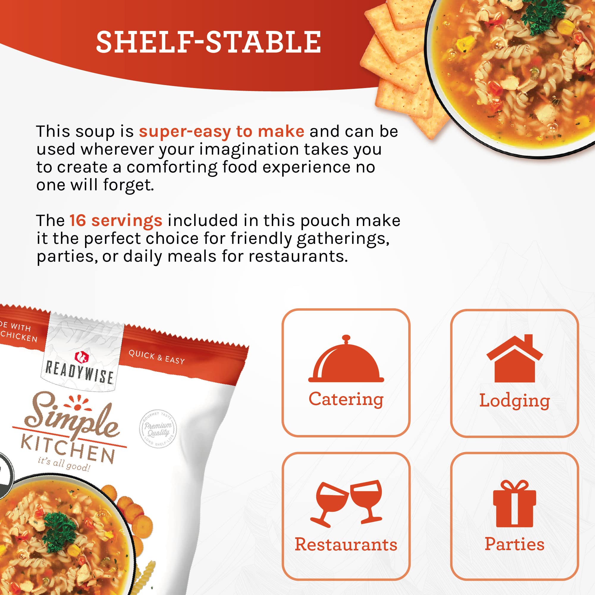 READYWISE - Simple Kitchen, Tomato Basil Soup, 17 Servings, MRE, Gluten Free, & Vegetarian, Food, Soup Mix, for Events, Hiking, Emergency Food Supply, Camping Essentials, or Daily Use, 1 Pack