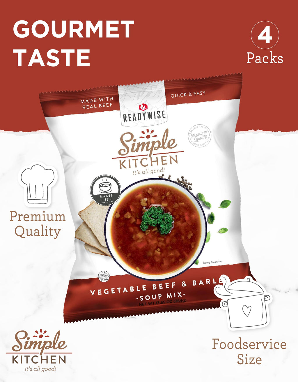 Simple Kitchen Garden Vegetable Soup Mix - 17 Servings for Meal Prep, Gluten Free, Vegetarian, Dehydrated & Freeze Dried Survival Food for Camping Meals, Backpacking & Hiking, Survival Kit, Pack of 4