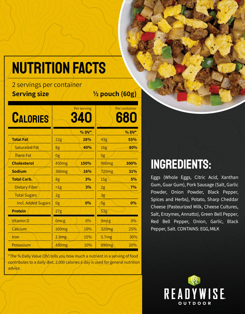 ReadyWise Outdoor Pro Adventure Meal - Breakfast Skillet, 2 Servings, 1 Pouch, Gluten Free, 700 Calories, 36g Protein, Freeze Dried Food & Dehydrated Backpacking Camping Meals, up to 5 Year Shelf Life