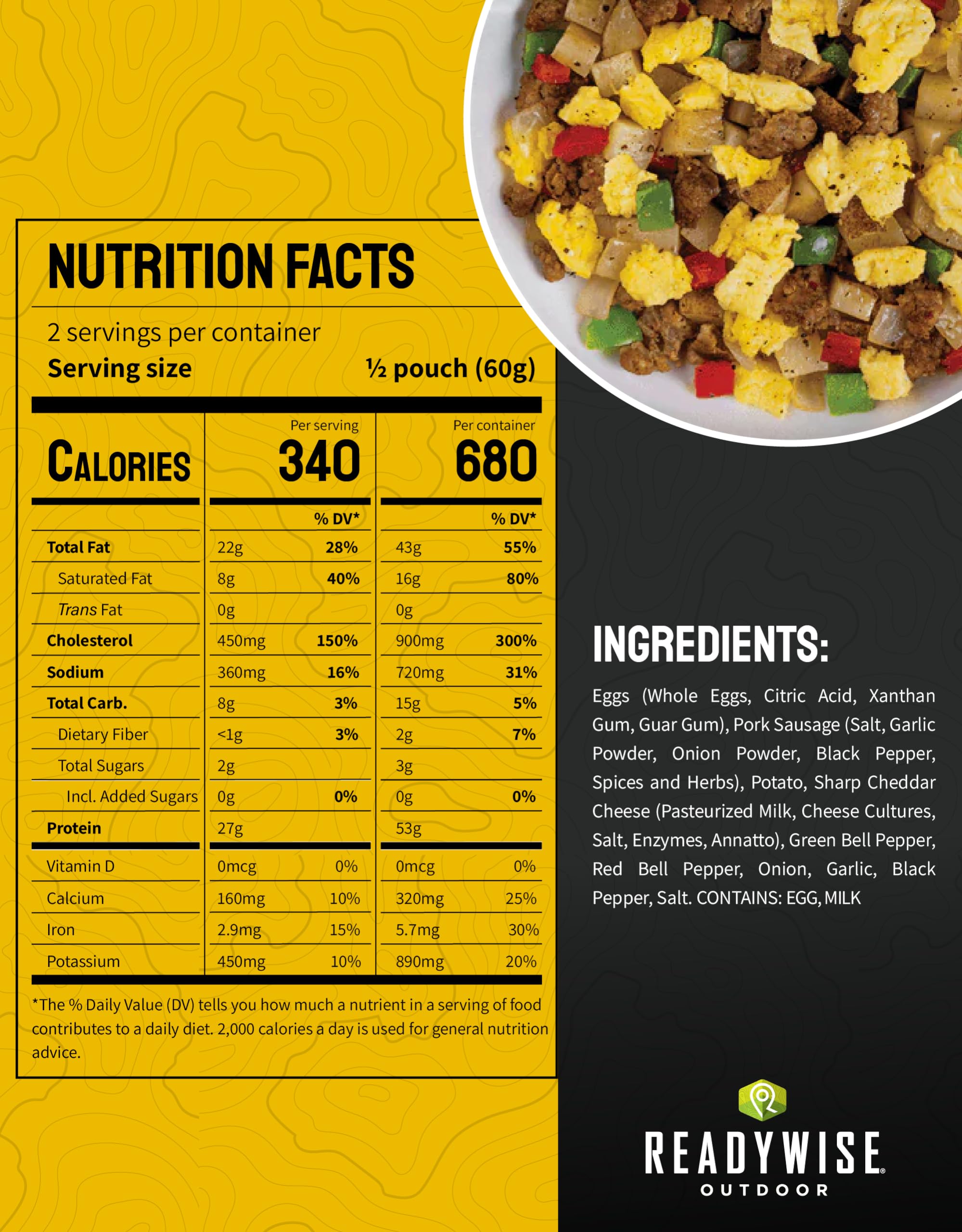 ReadyWise Outdoor Pro Adventure Meal - Breakfast Skillet, 2 Servings, 1 Pouch, Gluten Free, 700 Calories, 36g Protein, Freeze Dried Food & Dehydrated Backpacking Camping Meals, up to 5 Year Shelf Life