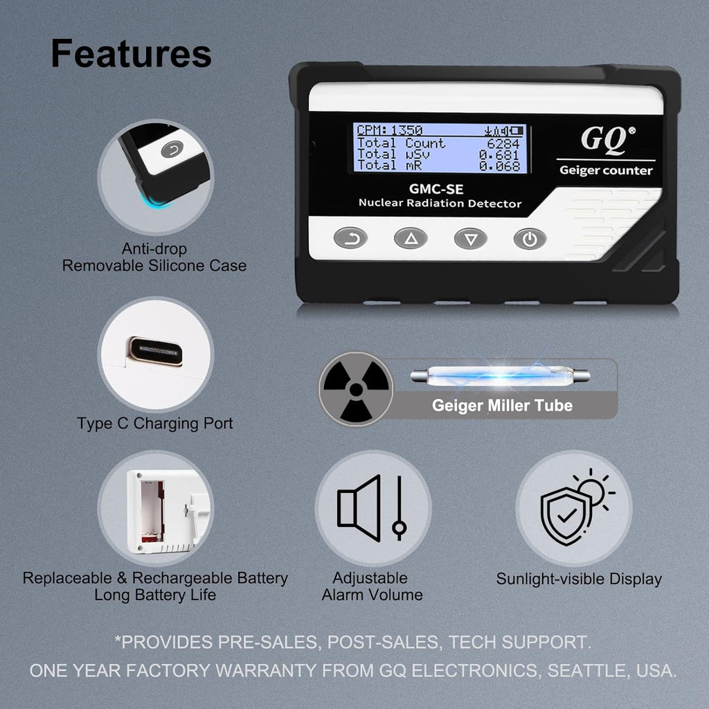 GQ GMC-SE Geiger Counter Radiation Detector Beta Gamma X-ray Portable Radiation Monitor Meter Digital Nuclear Radiation Dosimeter, Automatic Data Recording Device, Drop-Proof Silicone Case (Black)