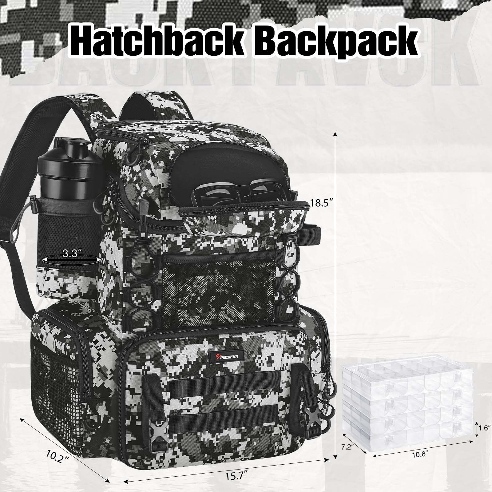 Piscifun Fishing Tackle Backpack with Rod Holders & 4 Tackle Boxes, 42L Outdoor Fishing Bag with Waterproof Rain Cover