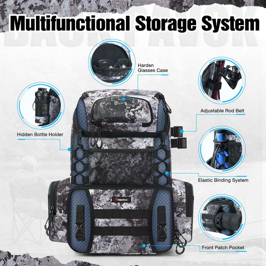 Piscifun Fishing Tackle Backpack with Rod Holders & 4 Tackle Boxes, 42L Outdoor Fishing Bag with Waterproof Rain Cover
