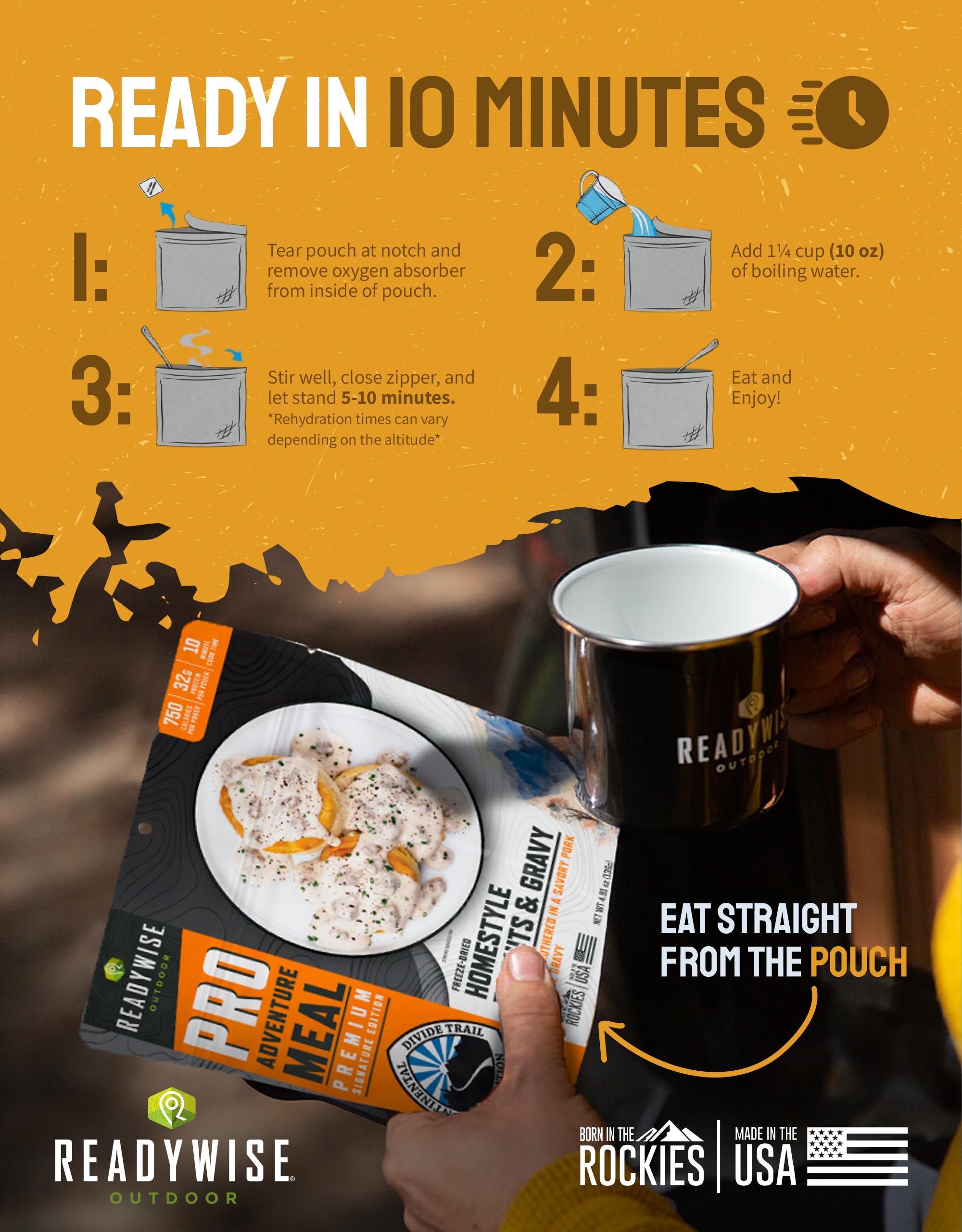 ReadyWise Outdoor Pro Adventure Meal - Country-Style Chicken Pot Pie, 2 Servings, 1 Pouch, 900 Calories, 30g Protein, Freeze Dried Food & Dehydrated Backpacking Camping Meals, up to 5 Year Shelf Life