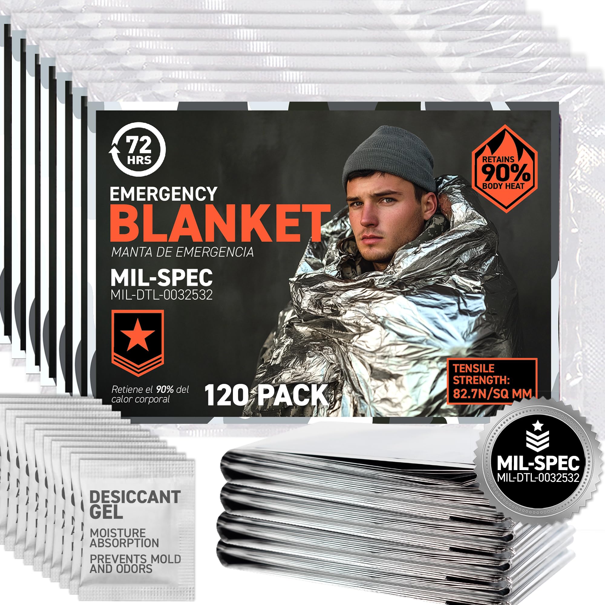 72 HRS Large Emergency Mylar Space Blankets 4-Pack, MIL-SPEC 54″ × 88″ Thermal Survival Foil – Retains 90% Body Heat, Waterproof Reflective Blanket for Camping, Hiking, Marathon, First Aid