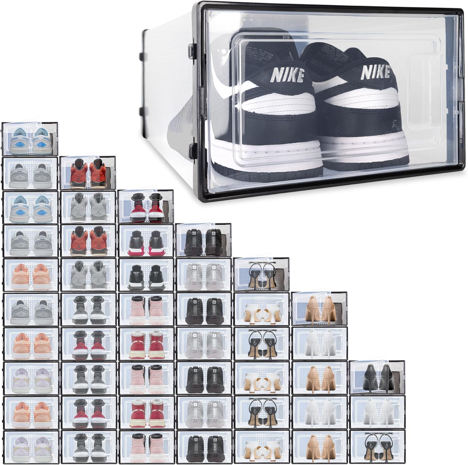 Ollie Drop Front Soft Plastic Shoe Box - Fits Up to Size 9 Mens - Storage Box Organizer, Shoe Organizers and Storage (Black- Medium, Pack of 48)
