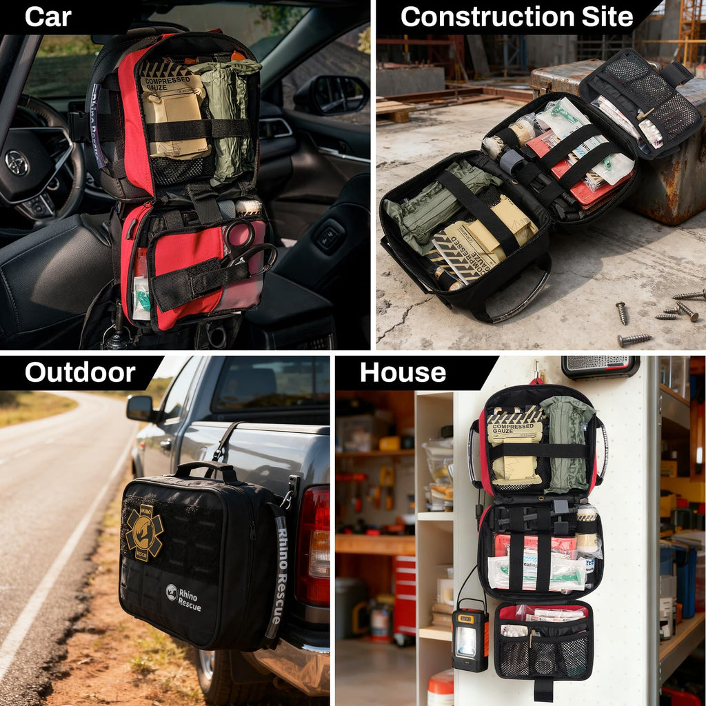 RHINO RESCUE IFAK Trauma Kit with C-A-T Tourniquet, Tactical First Aid Kit Molle Pouch for Military, Combat, Car, Camping, Hiking, Travel (Red)