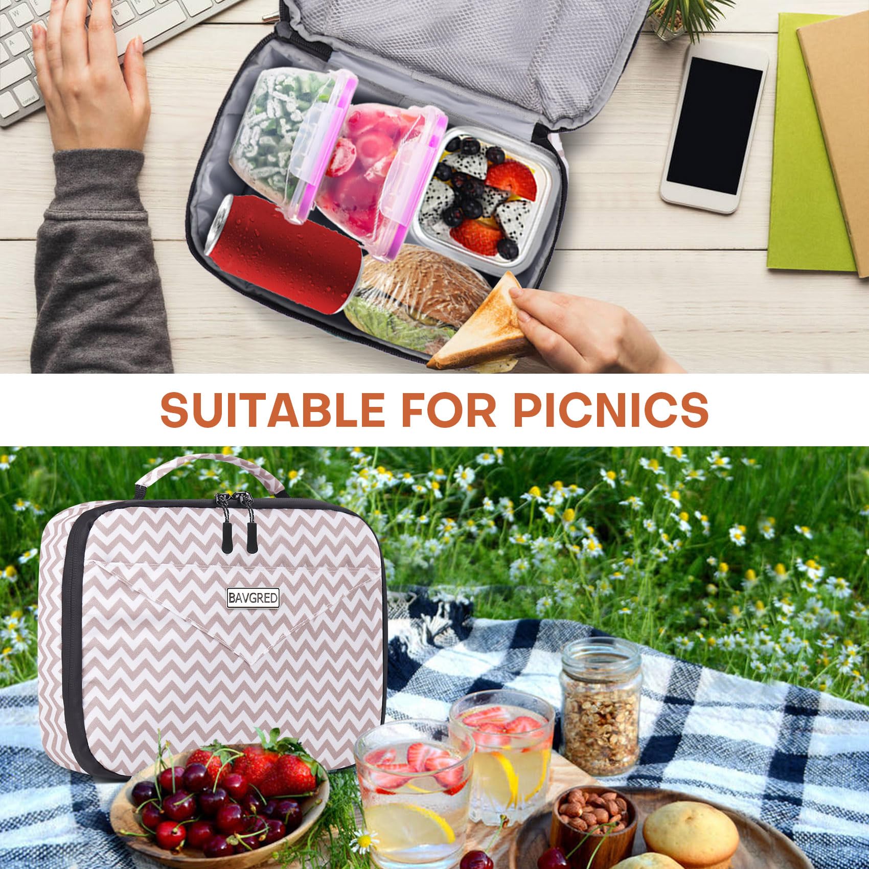 BAVGRED Lunch Box Insulated Soft Lunch Bag, Freezable and Reusable Mini Cooler, Thermal Meal Tote Containers with Exterior & Interior Pockets for Work, Outdoor Meal