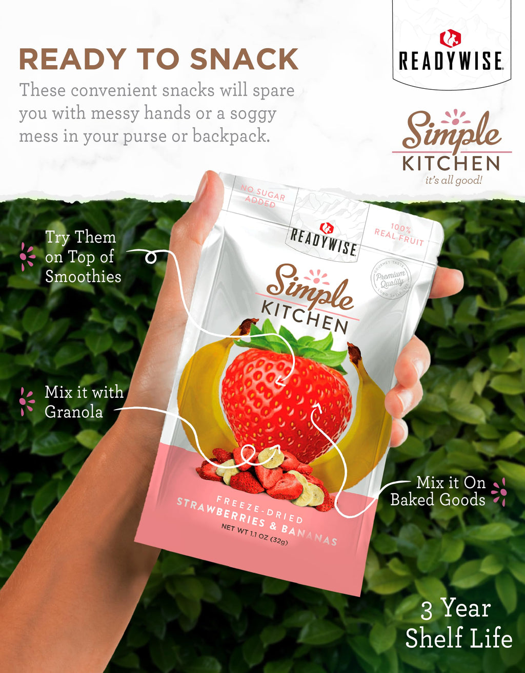 READYWISE - Simple Kitchen, Freeze-Dried Peaches, 1.16 oz, Pack of 6, Vegetarian, Gluten Free, Snacks, Peaches, Dried Fruit, Pre Workout, Healthy Snacks, Camping, Backpacking, Survival Food