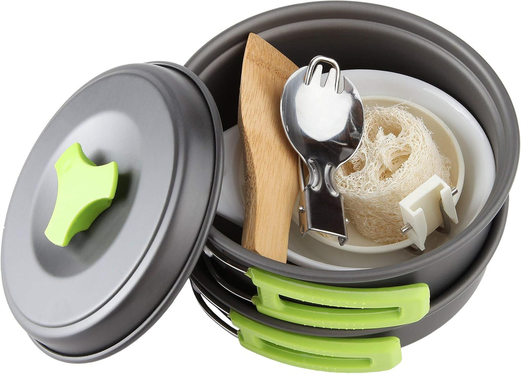 MalloMe Camping Cookware Mess Kit with Backpack Stove - Camping Cooking Set - Camping Pot and Pans Backpacking Gear- Hiking Stove/Backpacking Stove - Camp Accessories Equipment
