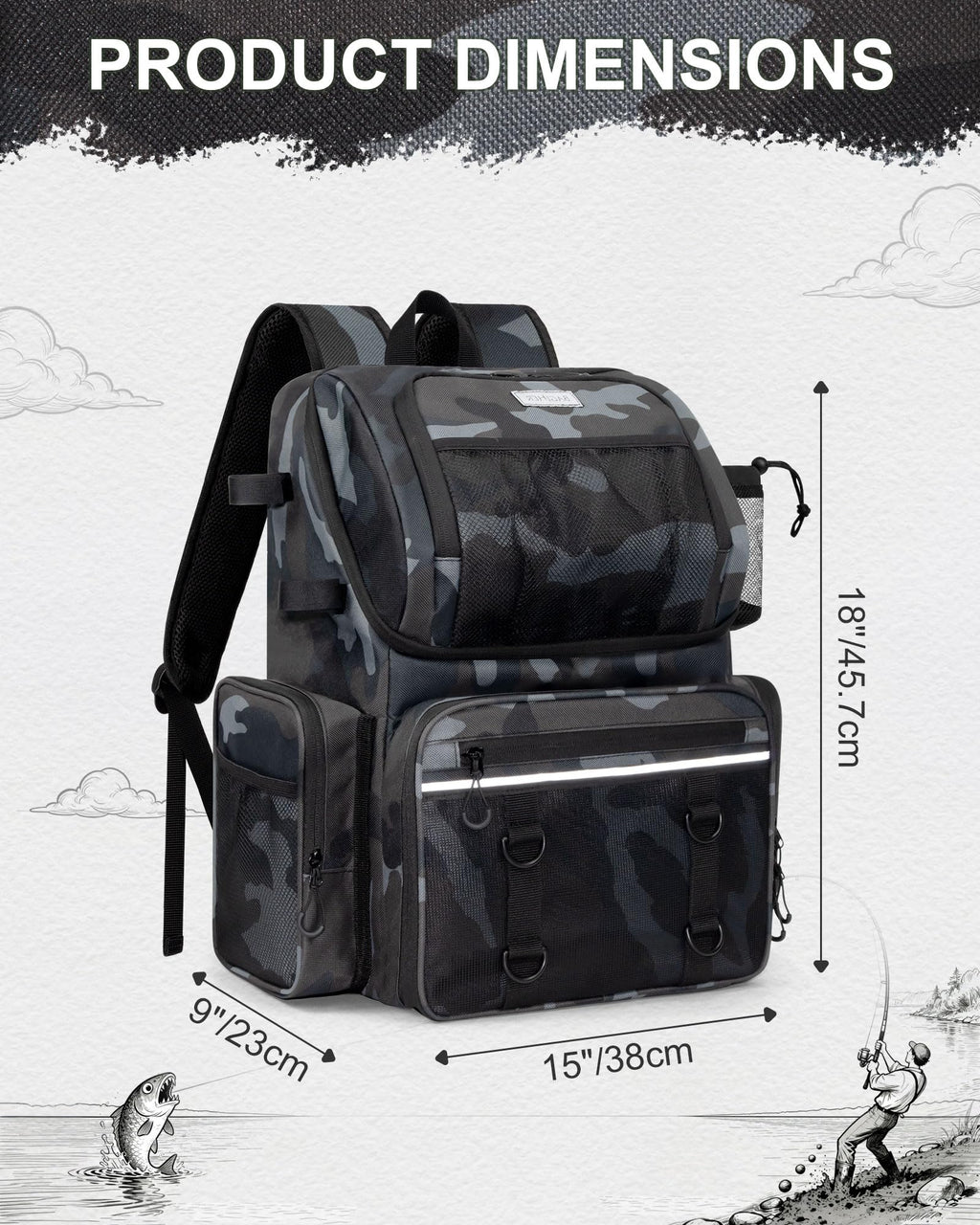 BAVGRED Fishing Backpack, Large Water Resistant Tackle Bag Storage Fishing Gear and Equipment, Built-in Cooler Compartment Grey