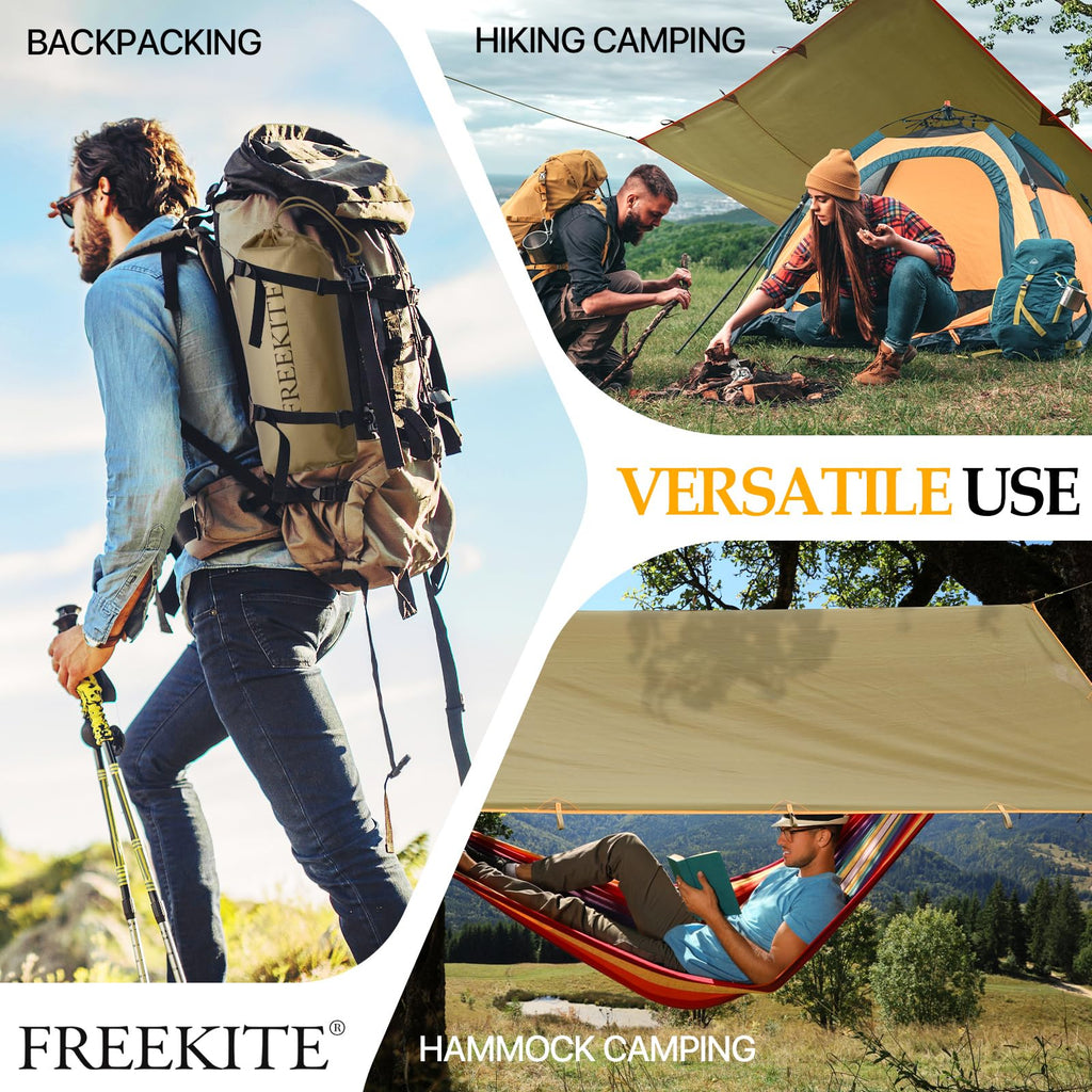 Camping Tarp Tent Portable Multifunctional Bushcraft Backpacking Tear-Resistant Fabric Rain Fly Tarps Awning Shelter Lightweight Waterproof Tarp(10×10 tarp)