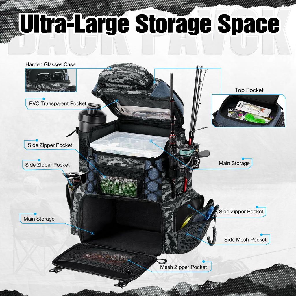 Piscifun Fishing Tackle Backpack with Rod Holders & 4 Tackle Boxes, 42L Outdoor Fishing Bag with Waterproof Rain Cover
