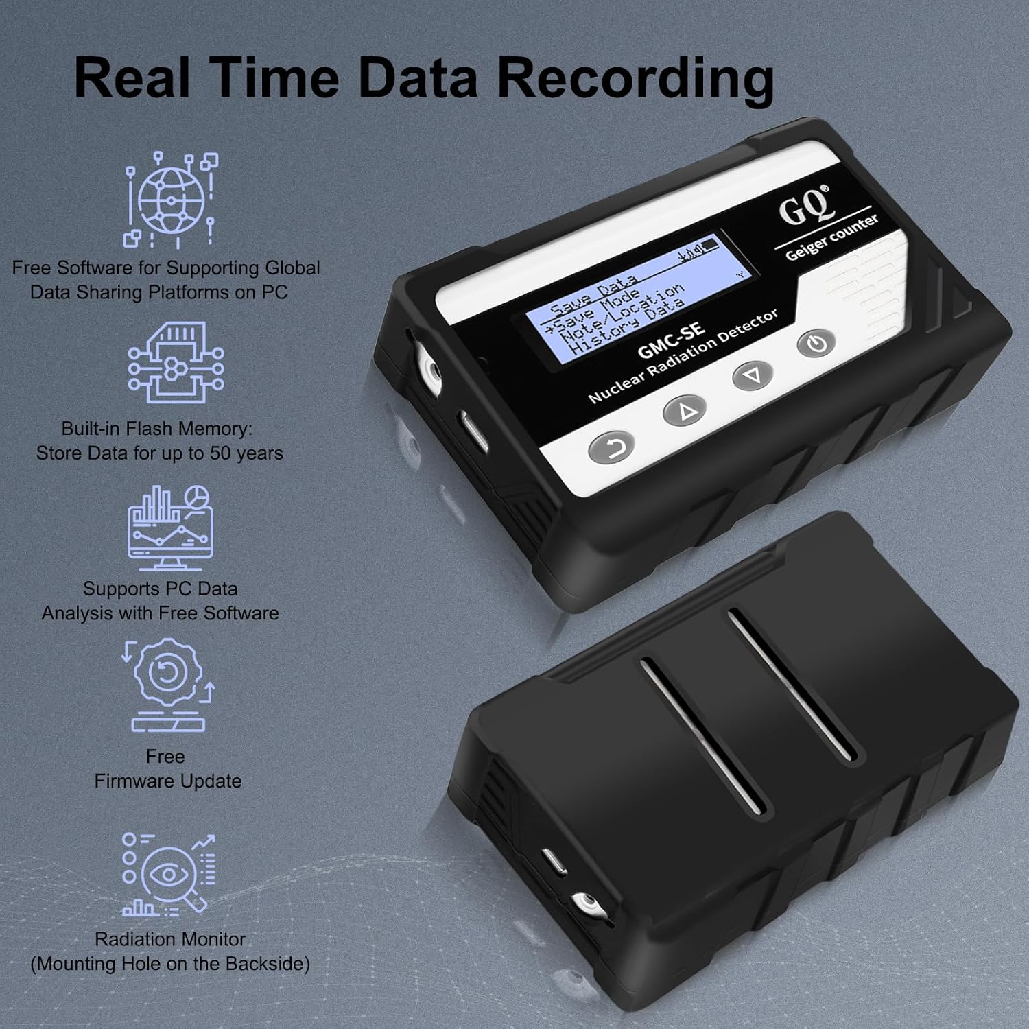 GQ GMC-SE Geiger Counter Radiation Detector Beta Gamma X-ray Portable Radiation Monitor Meter Digital Nuclear Radiation Dosimeter, Automatic Data Recording Device, Drop-Proof Silicone Case (Black)