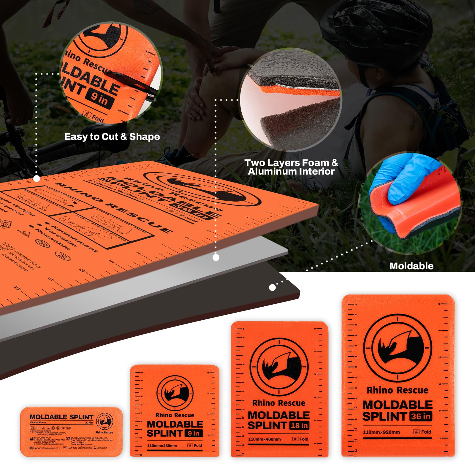 RHINO RESCUE First Aid Splint 36" X 4.3" Orange-Gray, Keep Bones in Position (1, Folded)