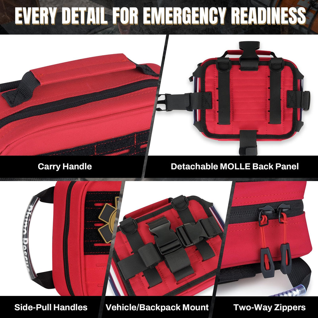 RHINO RESCUE IFAK Trauma Kit with C-A-T Tourniquet, Tactical First Aid Kit Molle Pouch for Military, Combat, Car, Camping, Hiking, Travel (Red)