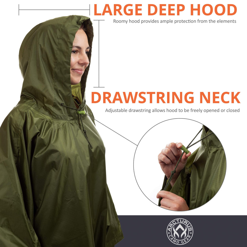 Arcturus Rain Ponchos | Adjustable Hood | Waterproof Ripstop Nylon | Great for Hunting, Fishing & Camping