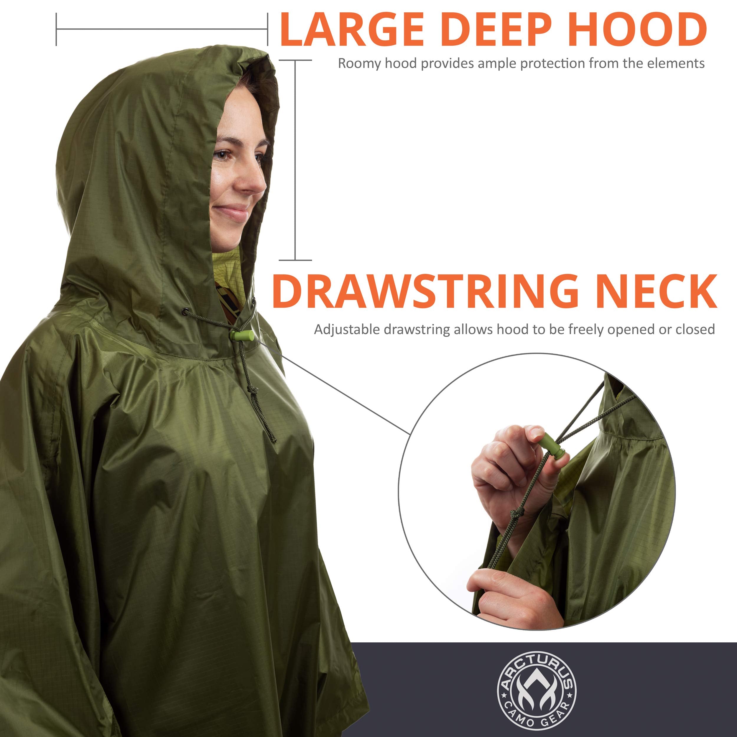 Arcturus Rain Ponchos | Adjustable Hood | Waterproof Ripstop Nylon | Great for Hunting, Fishing & Camping