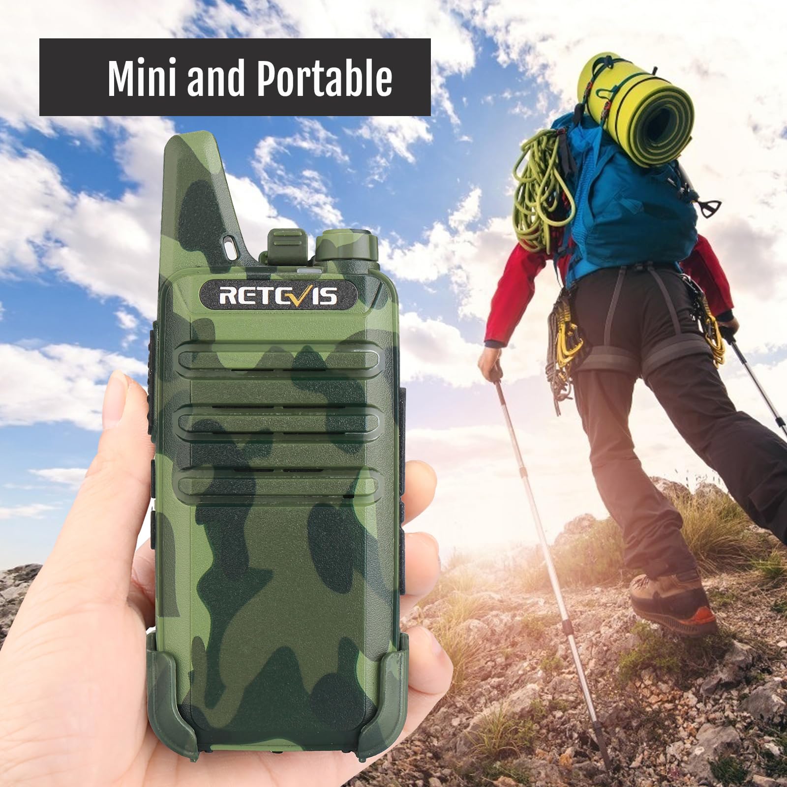 Retevis RT22 Walkie Talkies, Mini 2 Way Radio Rechargeable, VOX Handsfree, Portable, Two-Way Radios Long Range with Earpiece, for Family Road Trip Camping Hiking Skiing(2 Pack, Black)