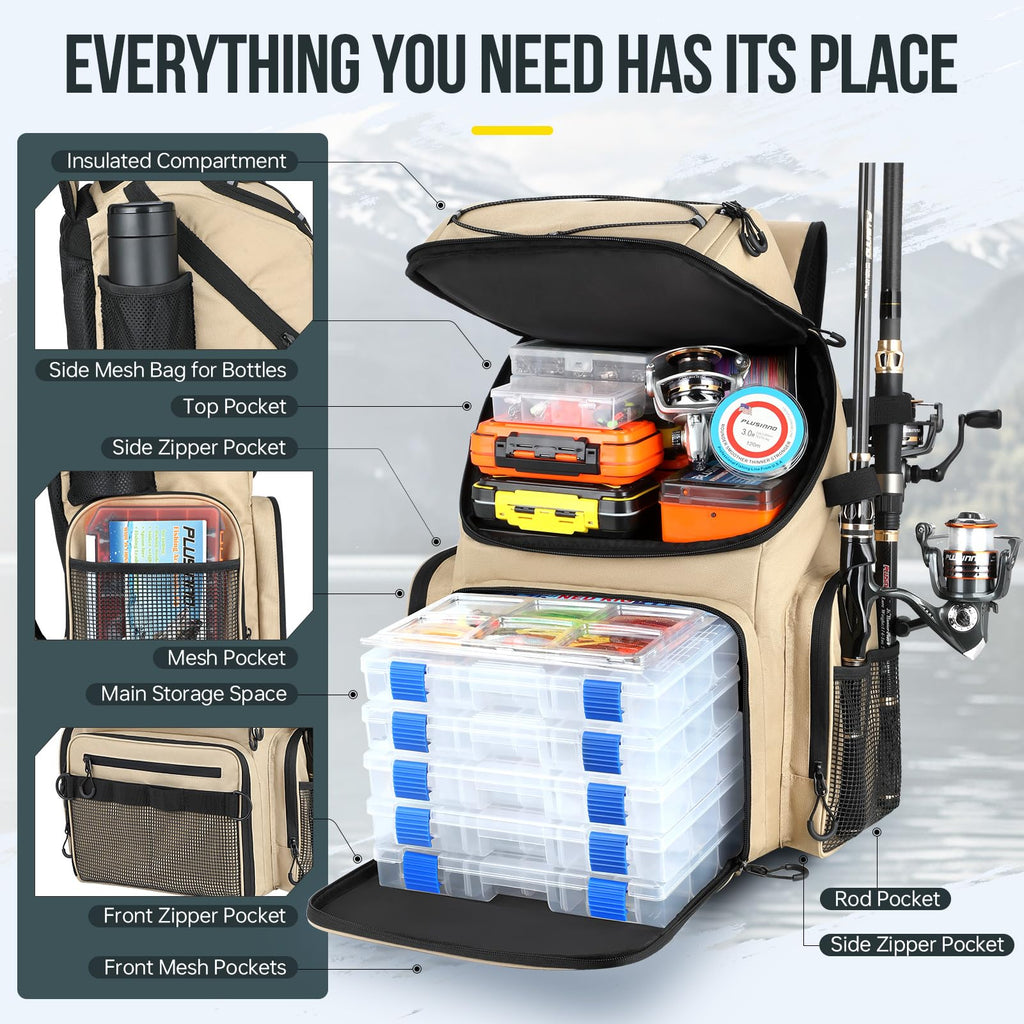 PLUSINNO Cooler Fishing Backpack with Rod Holders 45L Large Water-resistant Fishing Tackle bag Store Fishing Gear Fishing Gifts for Men Father, Sport Bags