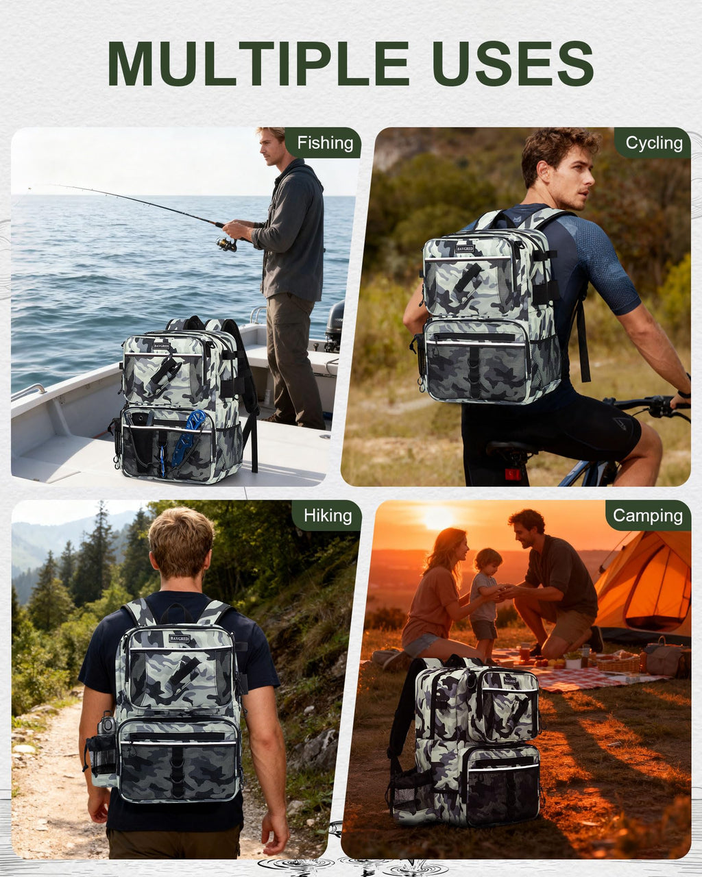 BAVGRED Fishing Backpack with Removable Bait Binder, Large Water Resistant Tackle Bag Storage Gear and Equipment for Fishing, Camping, Hiking, Grey