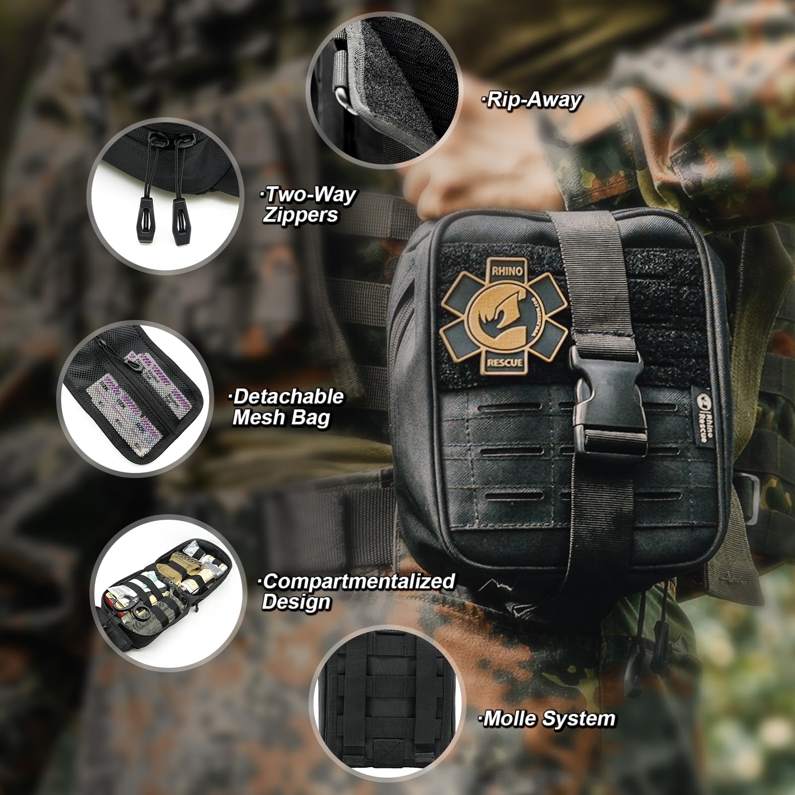 RHINO RESCUE IFAK Trauma Kit with C-A-T Tourniquet, Tactical First Aid Kit Molle Pouch for Military, Combat, Car, Camping, Hiking, Travel (Red)