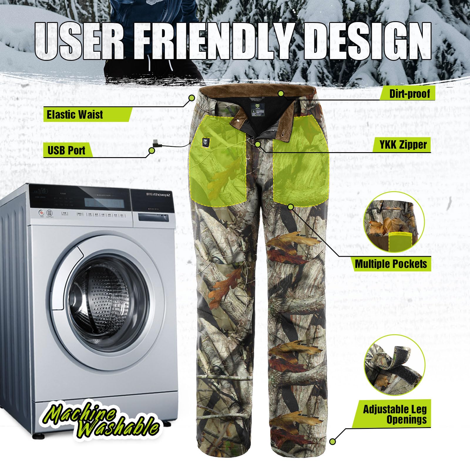 TIDEWE Hunting Pants Heated for Men with Battery Pack, Water Resistant Rechargeable Hiking Pants for Trekking Skiing Climbing