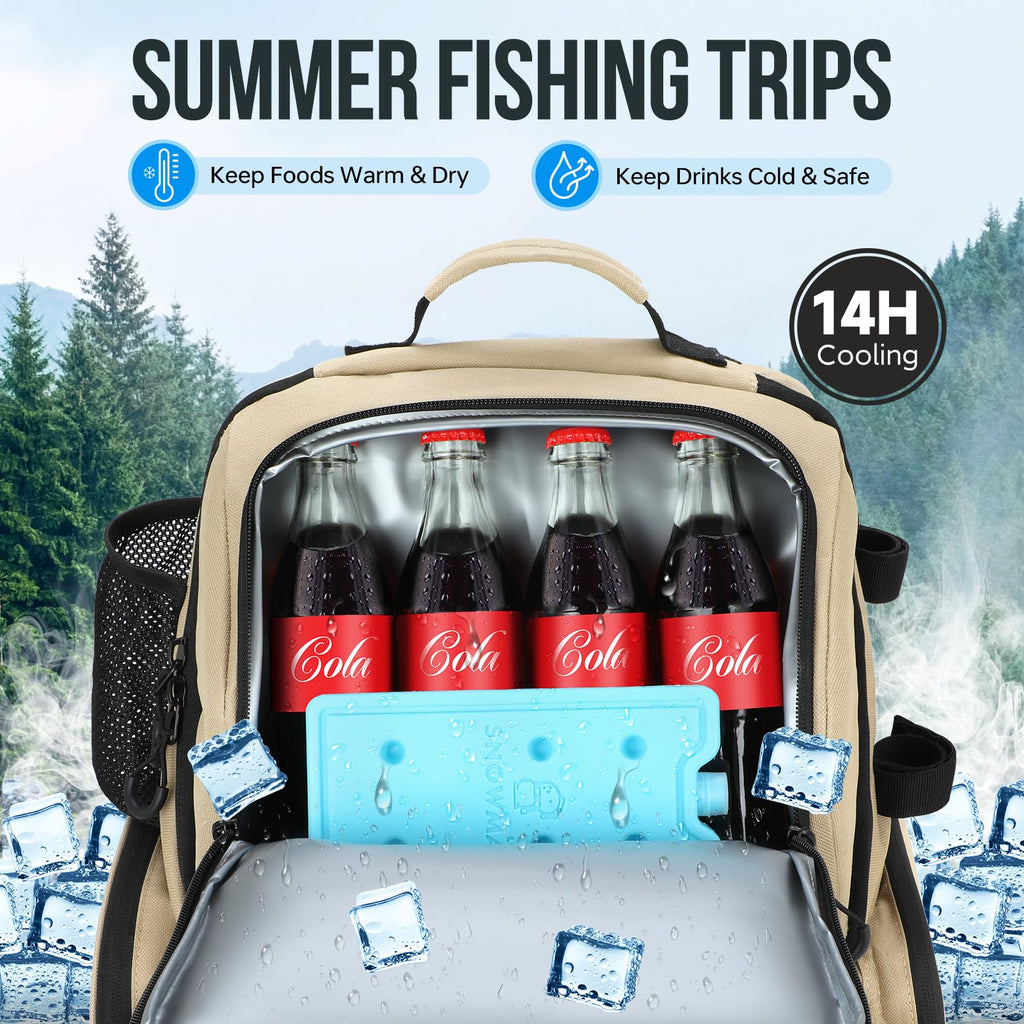 PLUSINNO Cooler Fishing Backpack with Rod Holders 45L Large Water-resistant Fishing Tackle bag Store Fishing Gear Fishing Gifts for Men Father, Sport Bags