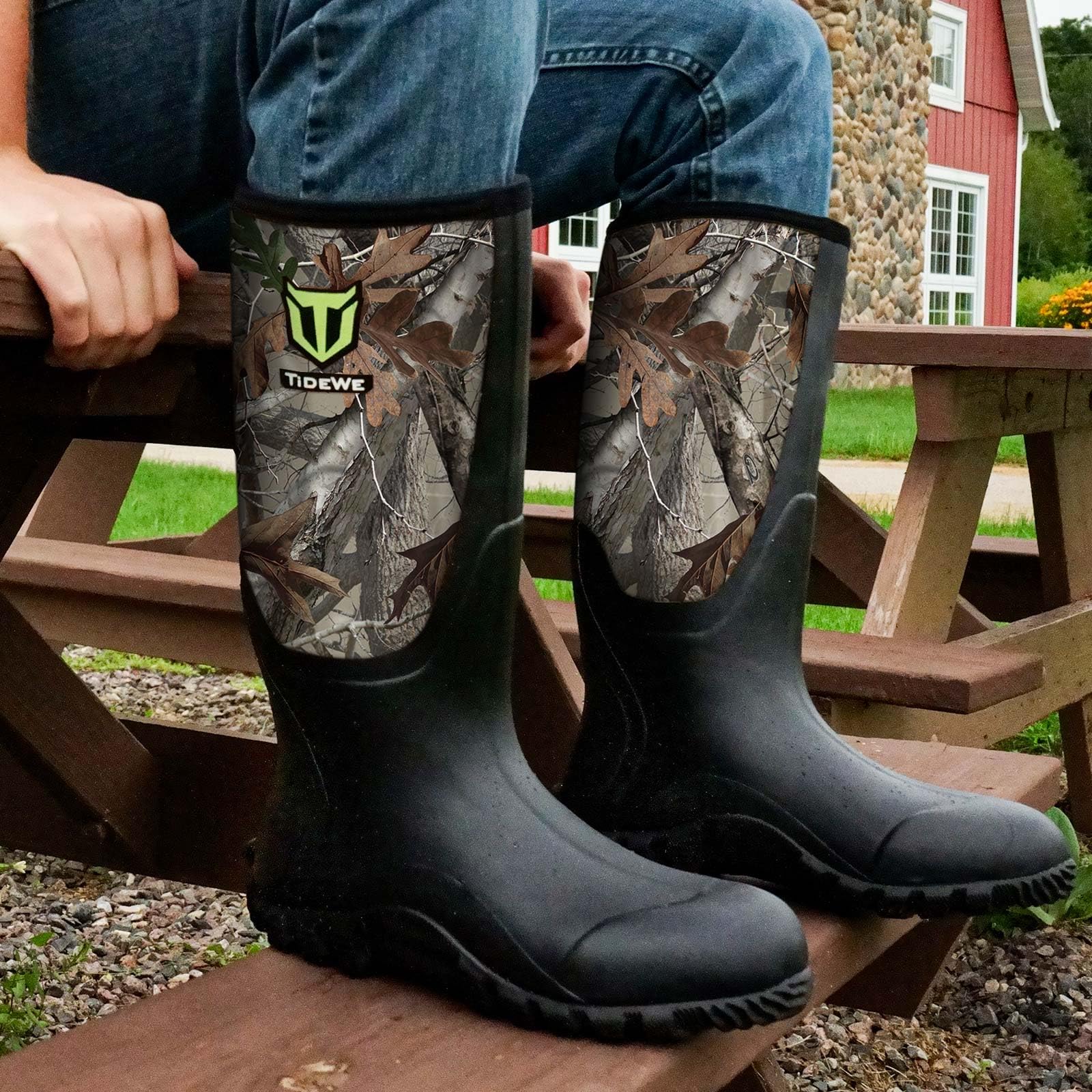 TIDEWE Rubber Boots for Men Multi-Season, Waterproof Rain Boots with Steel Shank, 6mm Neoprene Sturdy Rubber Outdoor Hunting Boots (Black, Brown, Next Camo G2)