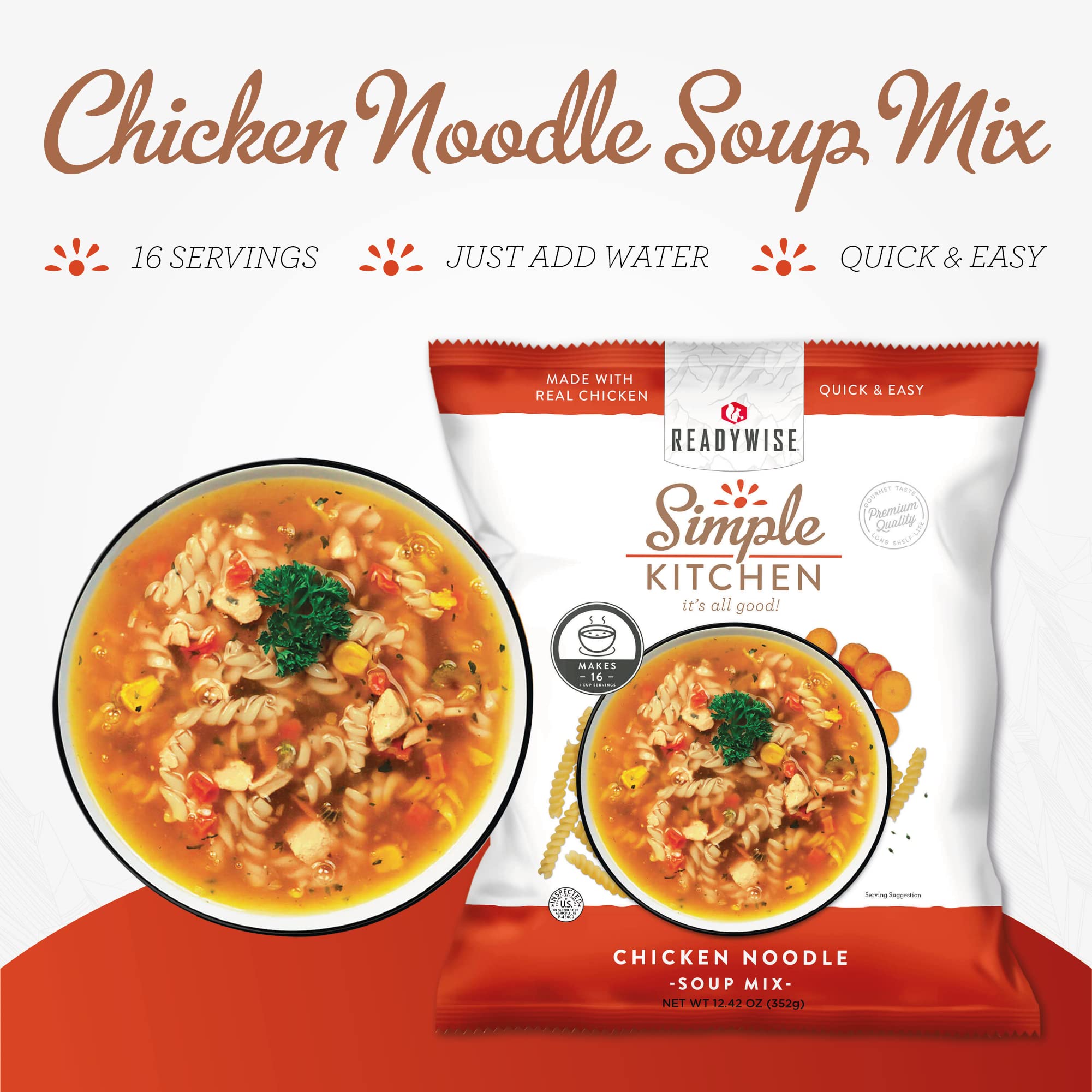 READYWISE - Simple Kitchen, Tomato Basil Soup, 17 Servings, MRE, Gluten Free, & Vegetarian, Food, Soup Mix, for Events, Hiking, Emergency Food Supply, Camping Essentials, or Daily Use, 1 Pack