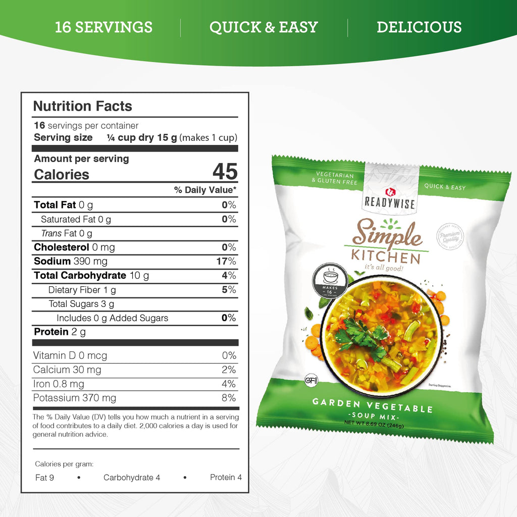 READYWISE - Simple Kitchen, Tomato Basil Soup, 17 Servings, MRE, Gluten Free, & Vegetarian, Food, Soup Mix, for Events, Hiking, Emergency Food Supply, Camping Essentials, or Daily Use, 1 Pack