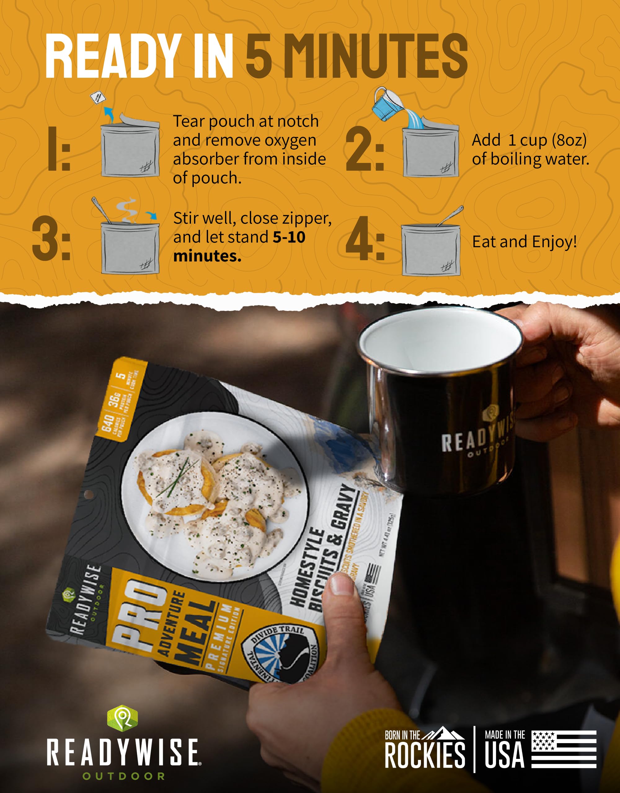 ReadyWise Outdoor Pro Adventure Meal - Breakfast Skillet, 2 Servings, 1 Pouch, Gluten Free, 700 Calories, 36g Protein, Freeze Dried Food & Dehydrated Backpacking Camping Meals, up to 5 Year Shelf Life