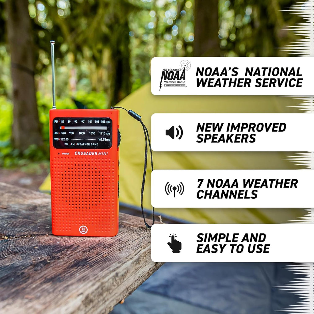 72 HRS (Upgraded) 72HRS CRUSADER MINI NOAA/AM/FM Emergency Weather Radio, Powered by 2AA Battery(Not Included), Premium Designer Radio with Finest Tuning Knob and Speaker (Red)
