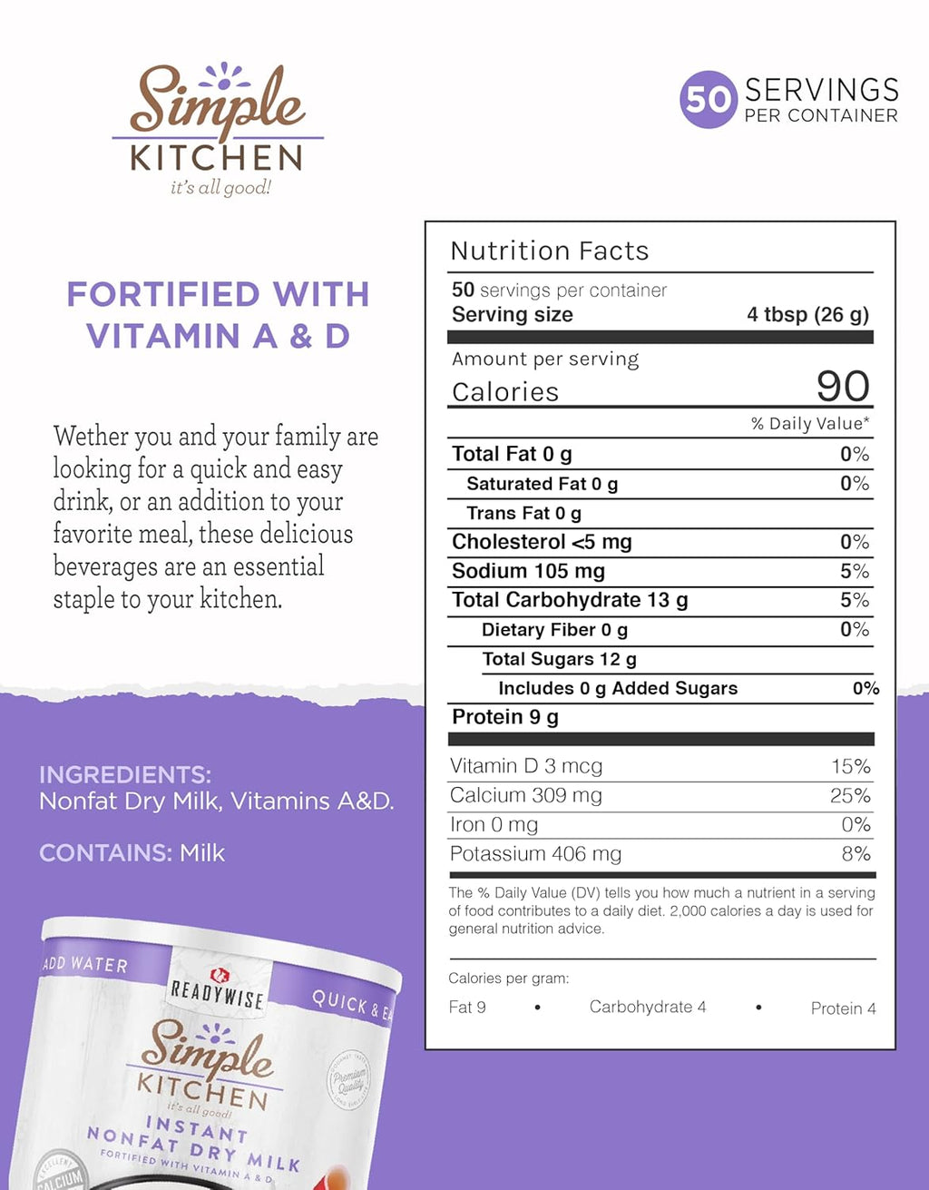 Simple Kitchen Instant Nonfat Dry Milk Powder - 50 Servings #10 Can, Non Fat Powdered Milk Bulk, Dried & Vitamin D Fortified, Daily Use & Emergency Food Long Term Storage, up to 25 Year Shelf Life