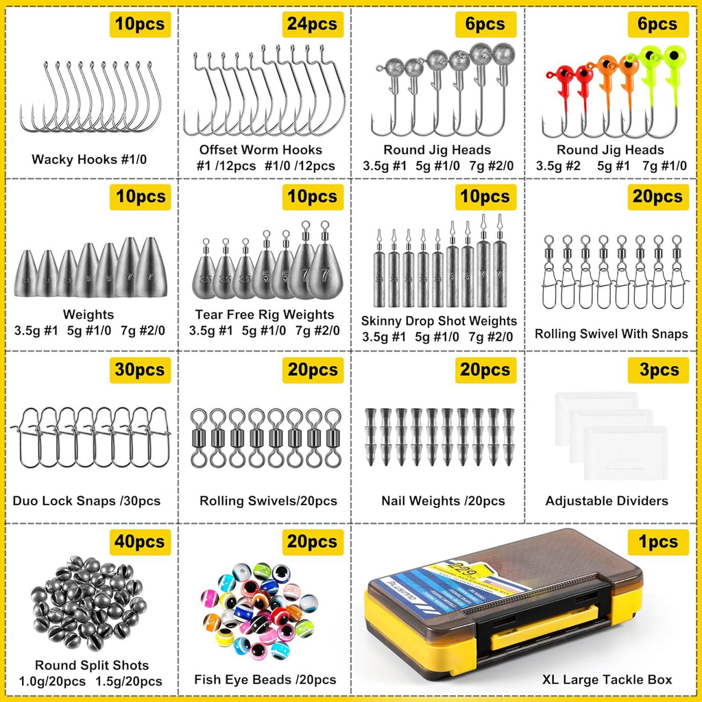 PLUSINNO 253/387pcs Fishing Gear Accessories Kit, Fishing Tackle Box with Tackle Included, Fishing Hooks, Fishing Weights Sinkers, Spinner Blade, Fishing Equipment for Bass Trout Bluegill Crappie