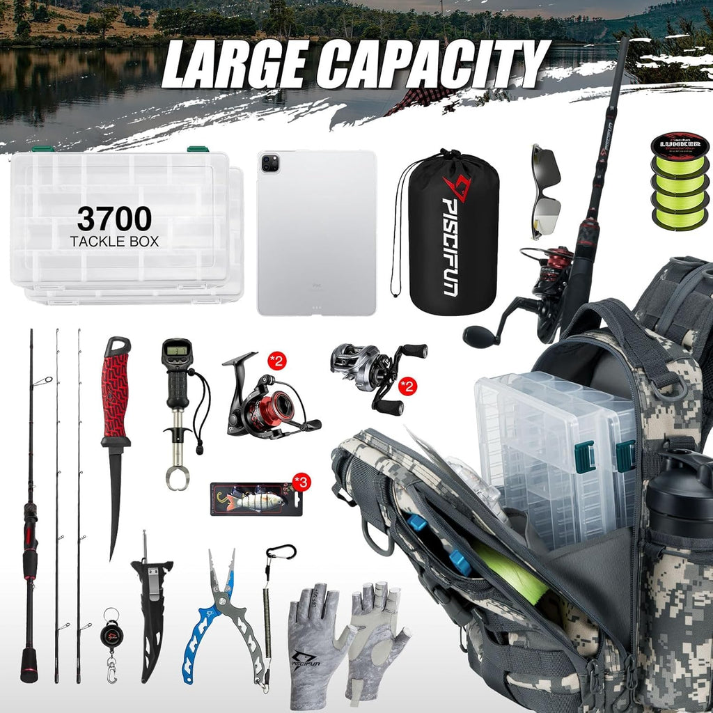 Piscifun Fishing Backpack with Rod Holder, Lightweight Sling Bag Storge Gear and Equipment