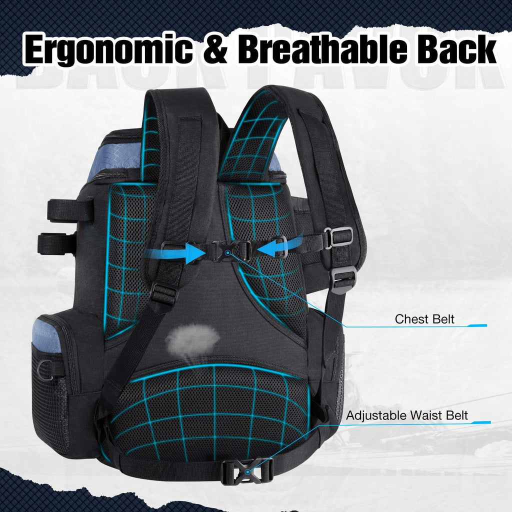 Piscifun Fishing Tackle Backpack with Rod Holders & 4 Tackle Boxes, 42L Outdoor Fishing Bag with Waterproof Rain Cover