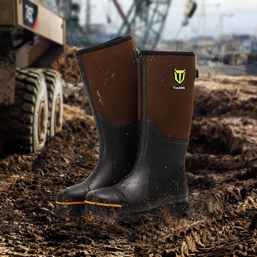 TIDEWE Rubber Work Boot for Men with Steel Toe & Shank, Waterproof Anti Slip Hunting Boot, 6mm Neoprene Hunting Boot for Manufacturing, Construction, Farming, Black,Brown, Size 7-13