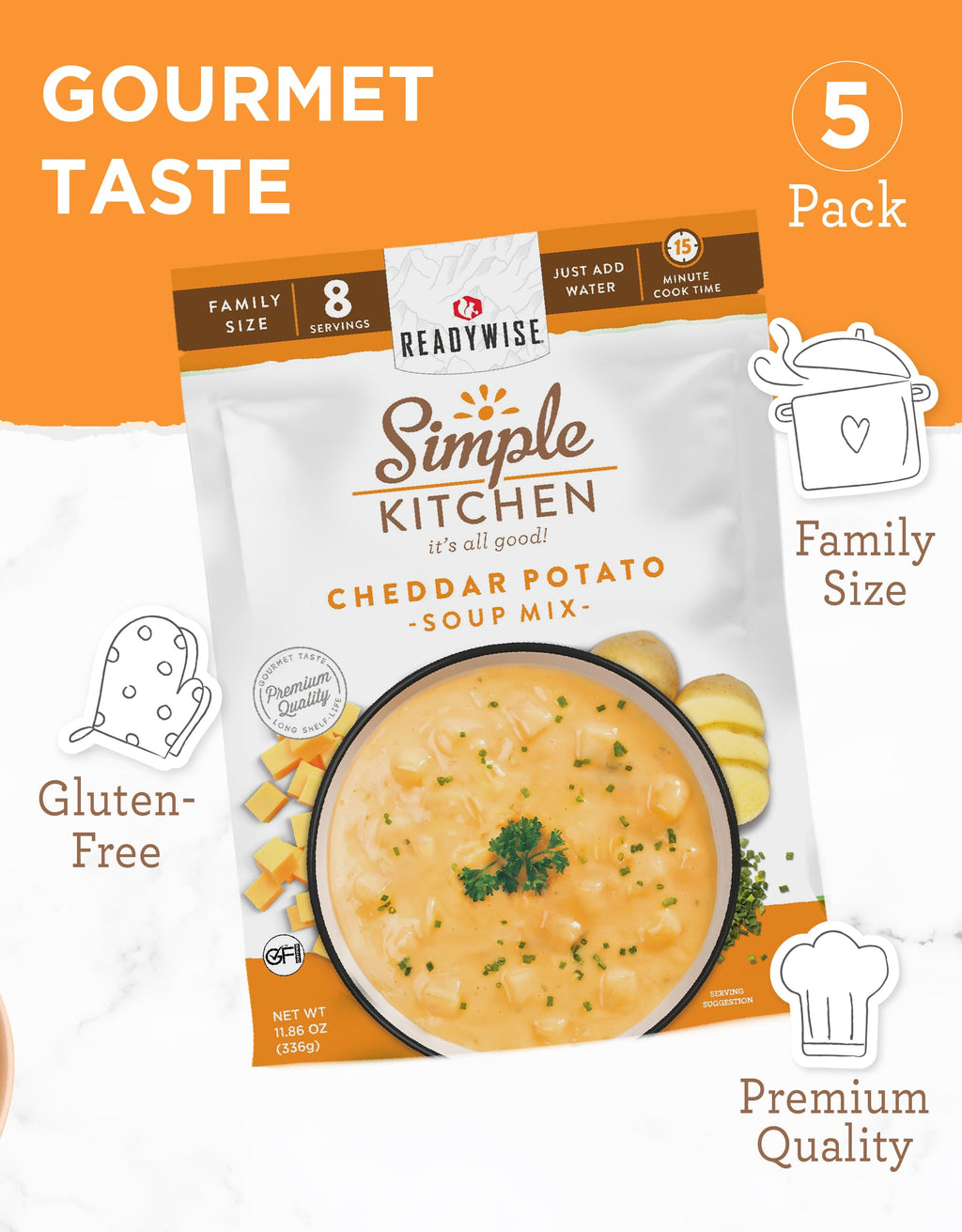 READYWISE - Simple Kitchen, Soup Sampler, Variety Pack, 8 Servings Per Pouch, Soup Mix, Family Size, Gluten Free Options, Freeze Dried Food, Soup for Family, Pack of 8