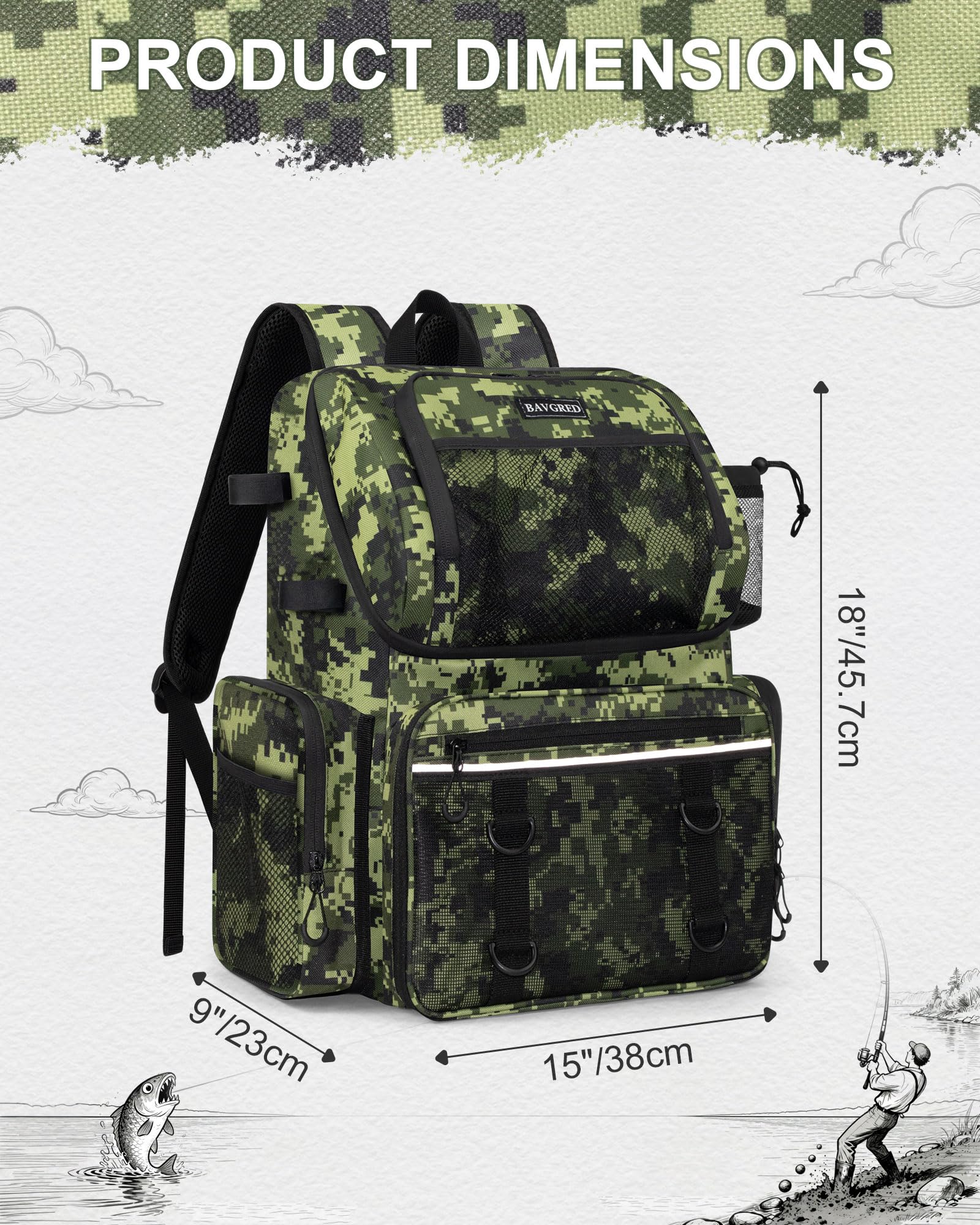BAVGRED Fishing Backpack, Large Water Resistant Tackle Bag Storage Fishing Gear and Equipment, Built-in Cooler Compartment Grey