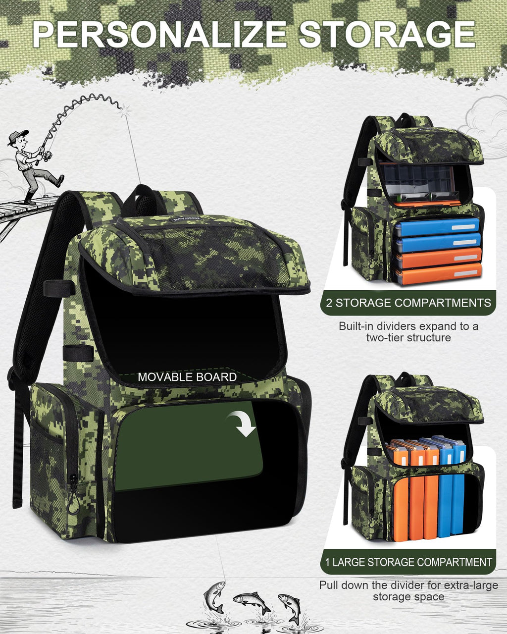 BAVGRED Fishing Backpack, Large Water Resistant Tackle Bag Storage Fishing Gear and Equipment, Built-in Cooler Compartment Grey