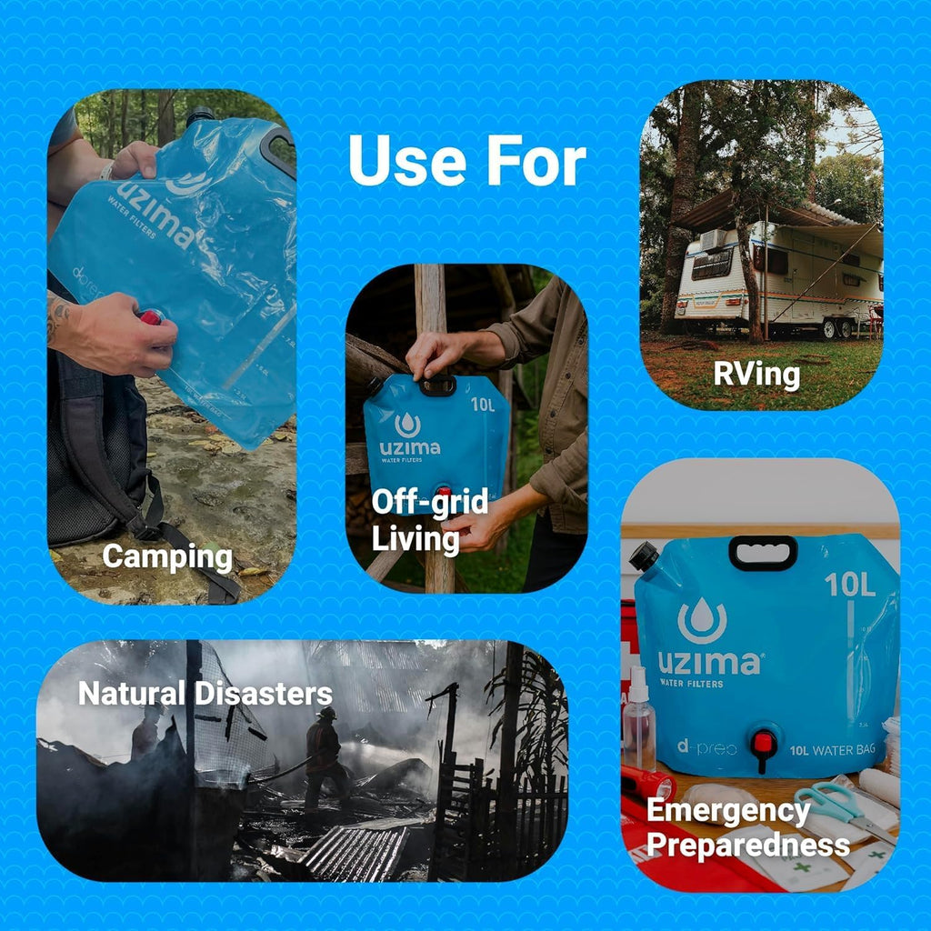 Uzima D-Prep Emergency Water Storage Container – 10L Collapsible Water Bladder with Printed Instructions for Camping, Hiking, Survival, Disaster Kits, and Gravity Filtration Systems