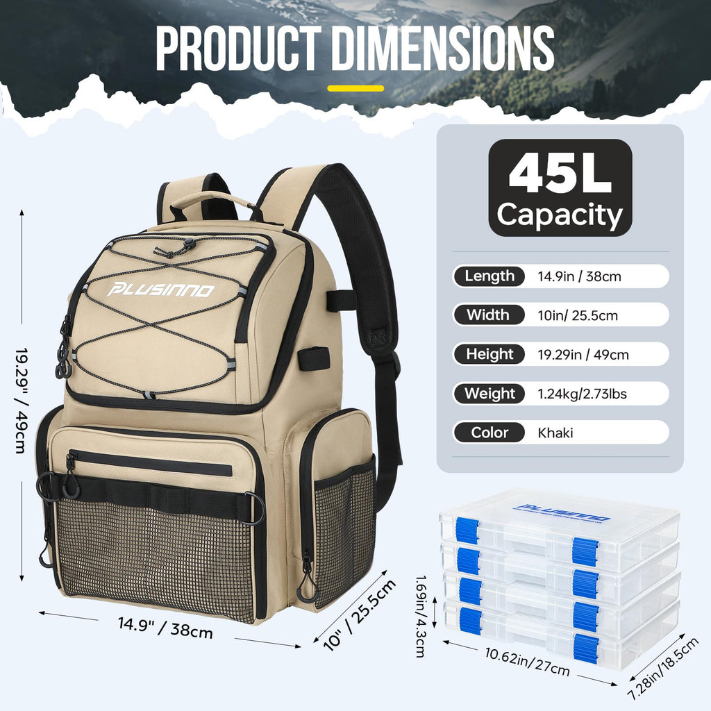 PLUSINNO Cooler Fishing Backpack with Rod Holders 45L Large Water-resistant Fishing Tackle bag Store Fishing Gear Fishing Gifts for Men Father, Sport Bags